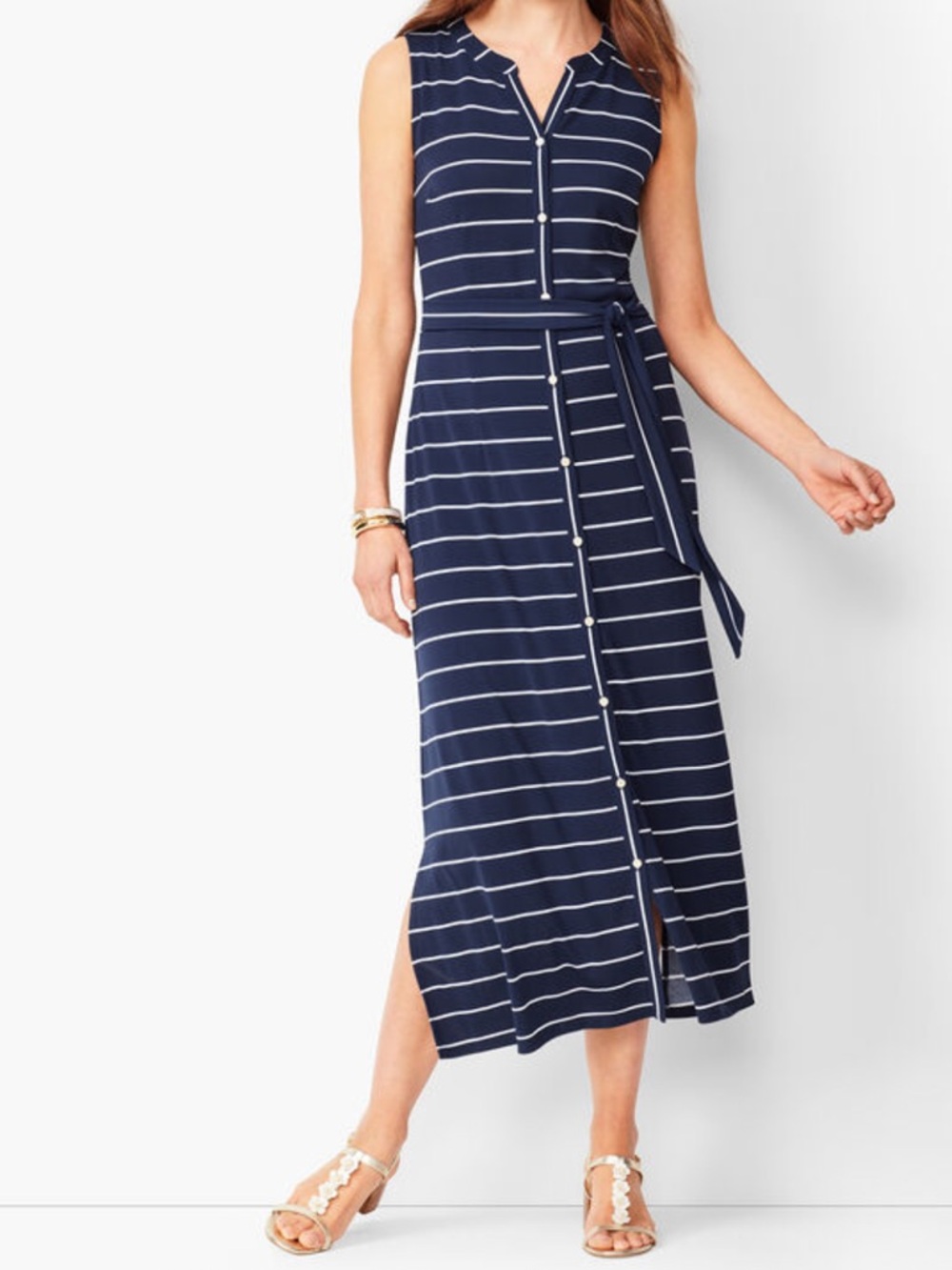 Talbots Button-Front Stripe Jersey Maxi Dress Large
